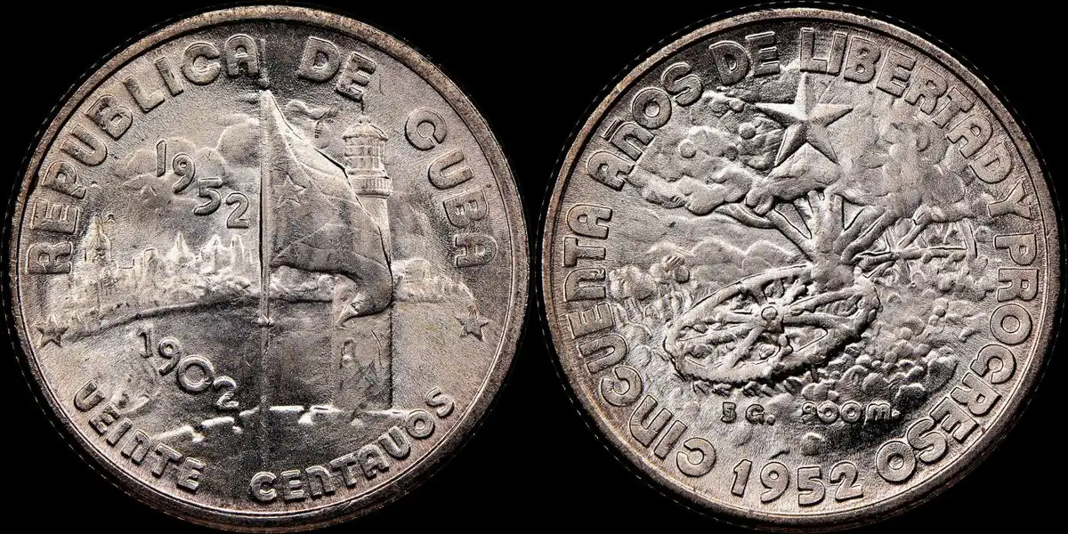 1952-20-Centavos,-Cuba,-Celebrating-Their-50th-Independence-Day
