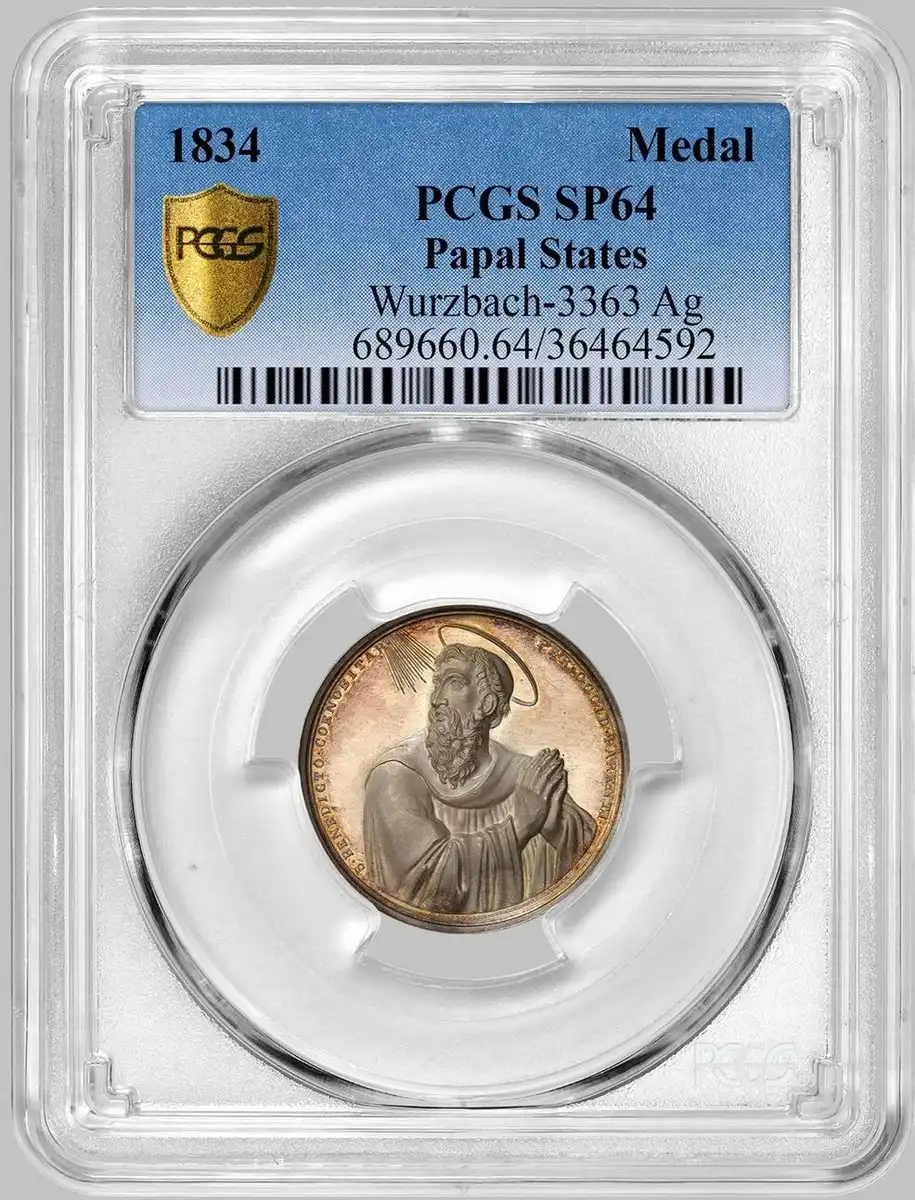 1834-Papal-States-Medal,-Saint-Benedict-And-Gregory-XVI,-PCGS-SP-64
