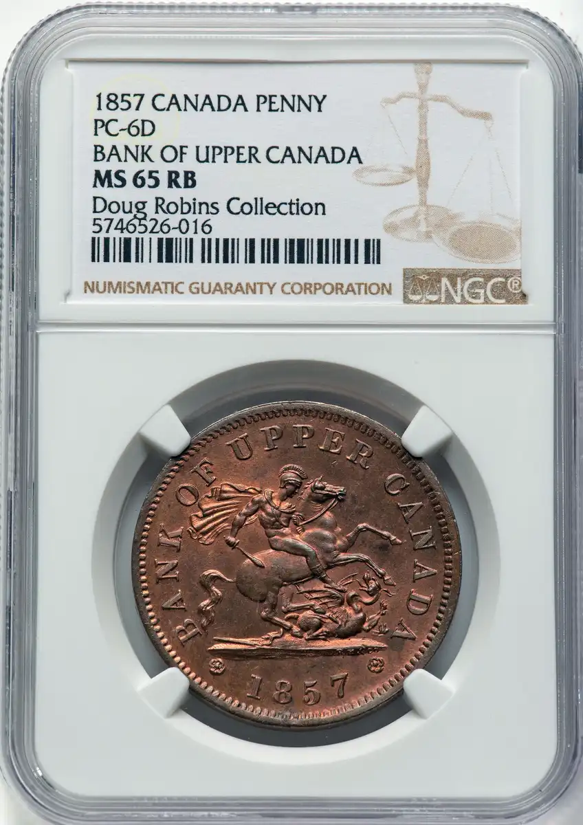 1857-Canada-Penny,-Pc-6-D,-Bank-Of-Upper-Canada,-NGC-MS-65RB,-Doug-Robins-Collection