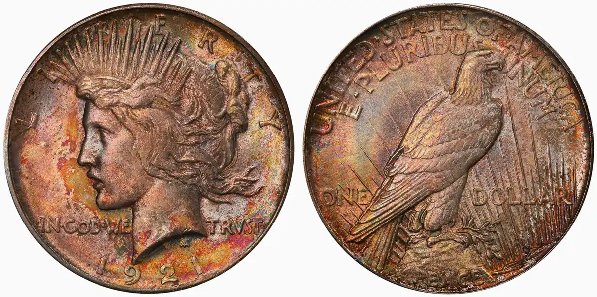 1921-High-Relief-Peace-Dollar,-PCGS-MS-66,-Rainbow-Toned