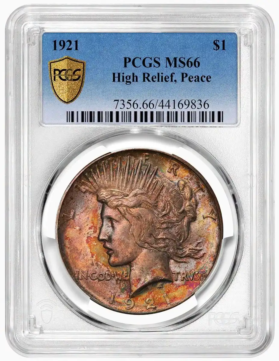 1921-High-Relief-Peace-Dollar,-PCGS-MS-66,-Rainbow-Toned
