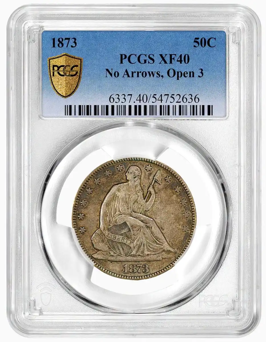1873-Open-3-Seated-Liberty-No-Arrows-Half-Dollar,-PCGS-XF40