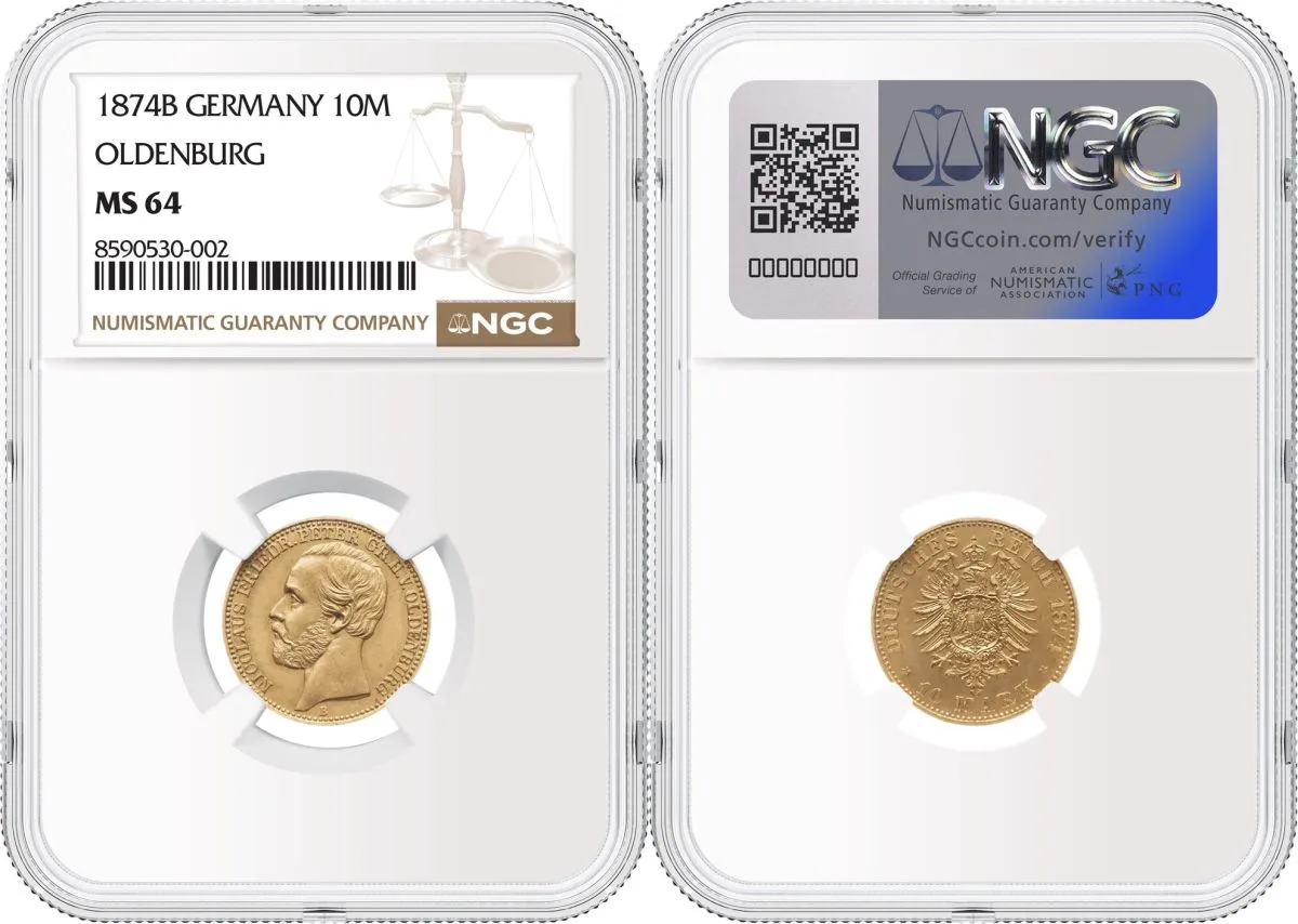 1874B-Germany-Oldenburg-10-Mark,-NGC-MS-64,-Featured-In-Münzgalerie-München-Auction