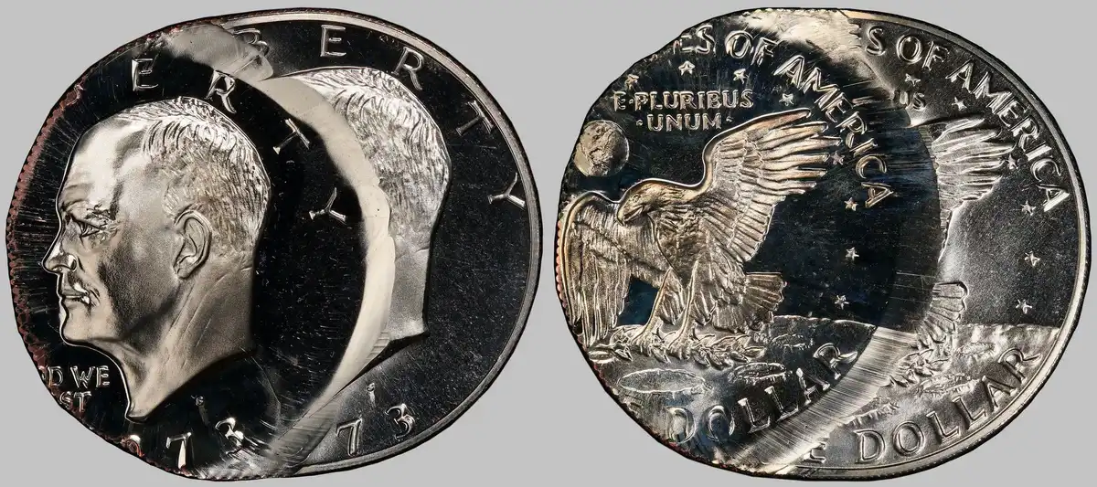 1973-S-Clad-Eisenhower-Dollar,-Double-Struck-Error,-40%-Center-Off-Second-Strike,-PCGS-PR-68-DCAM