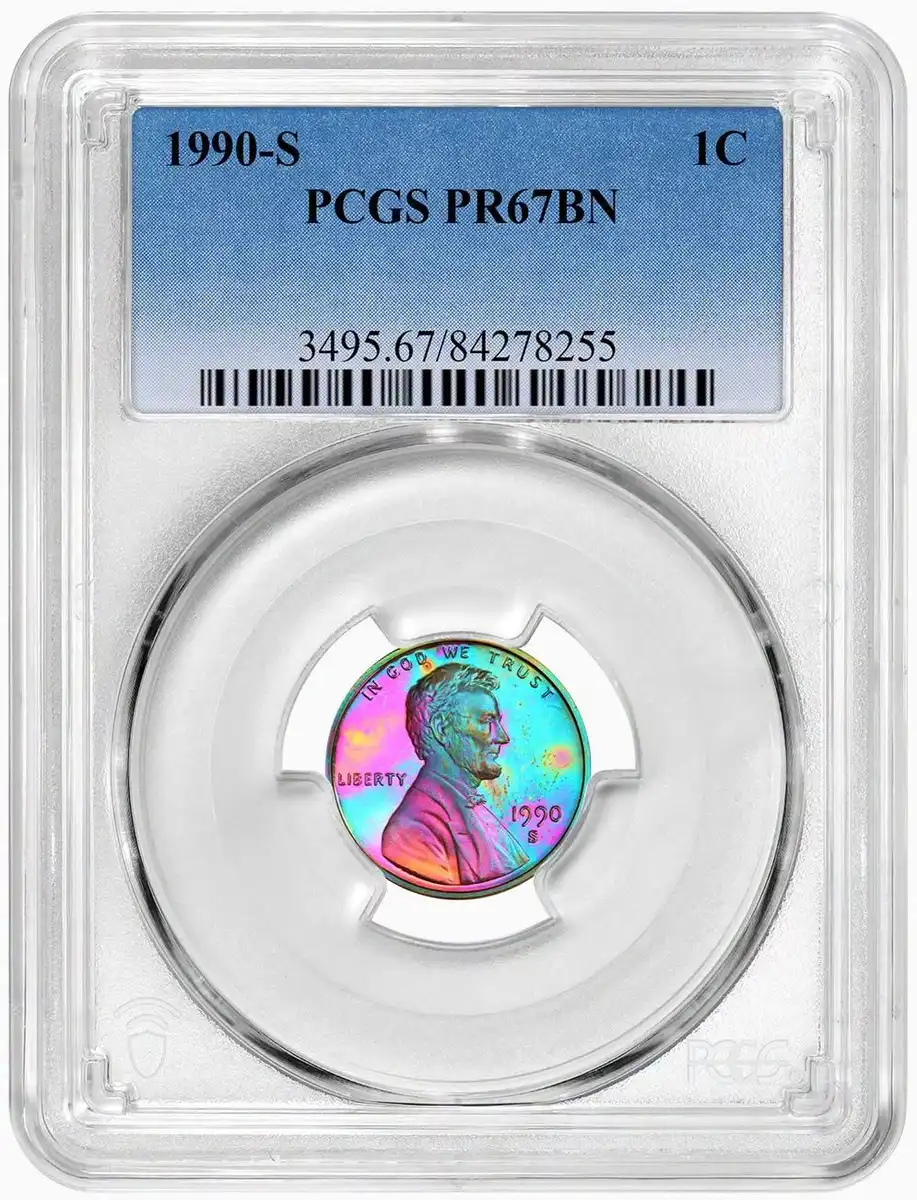 1990-S-Proof-Lincoln-Memorial-Cent,-PCGS-PR-67BN,-Rainbow-Toned