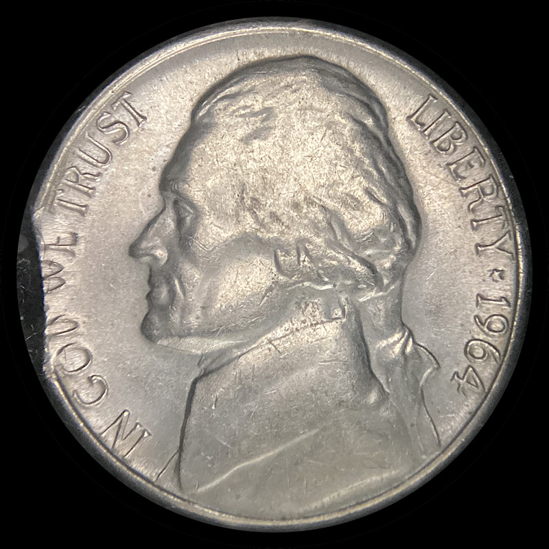 Clipped-Planchet-1964-D-Jefferson-Nickel-At-K9.