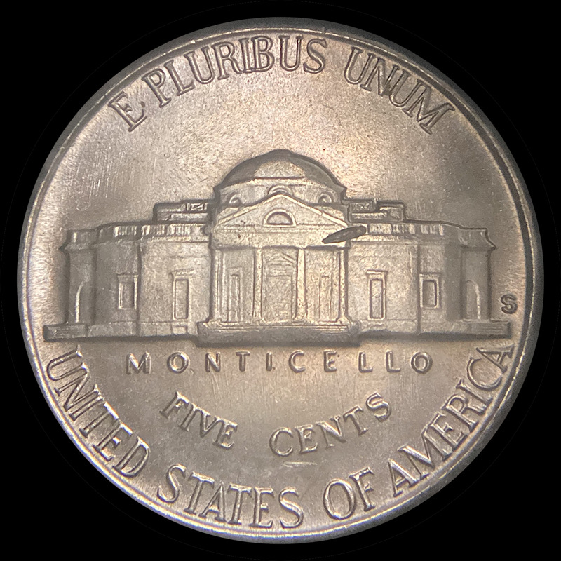 1946-S-Jefferson-Nickel-With-Strike-Through,-Bag-Mark,-Lost-Lamination,-Planchet-Flaw?