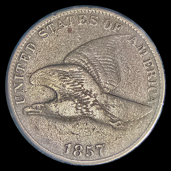 1857-Flying-Eagle-Cent,-Mule-Die-Clash-With-Quarter-Snow-8,-FS-901.