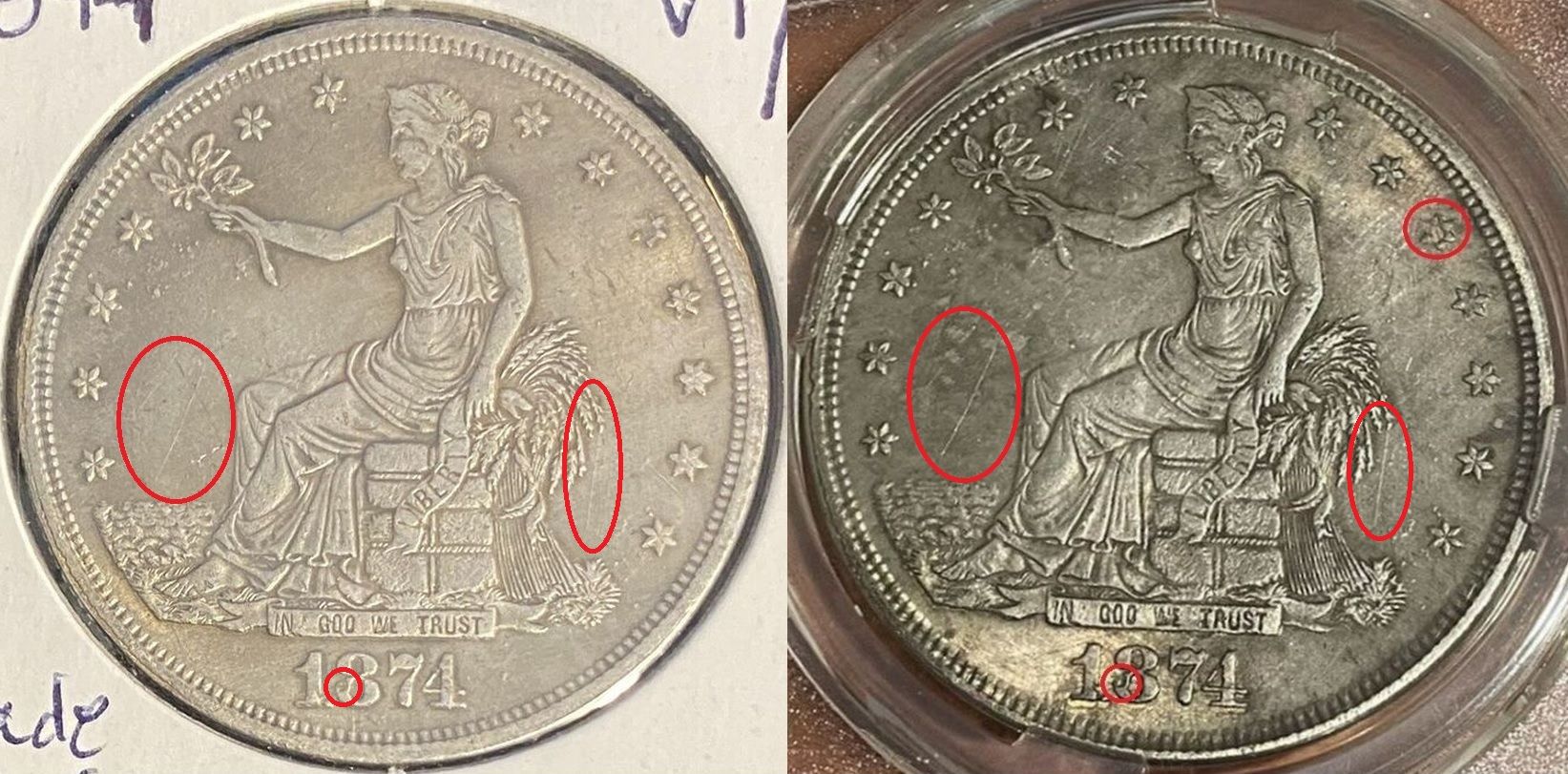 Matching-Obverses;-Bay-1874-S-To-Known-Counterfeit-1874-CC-Trade-Dollars.
