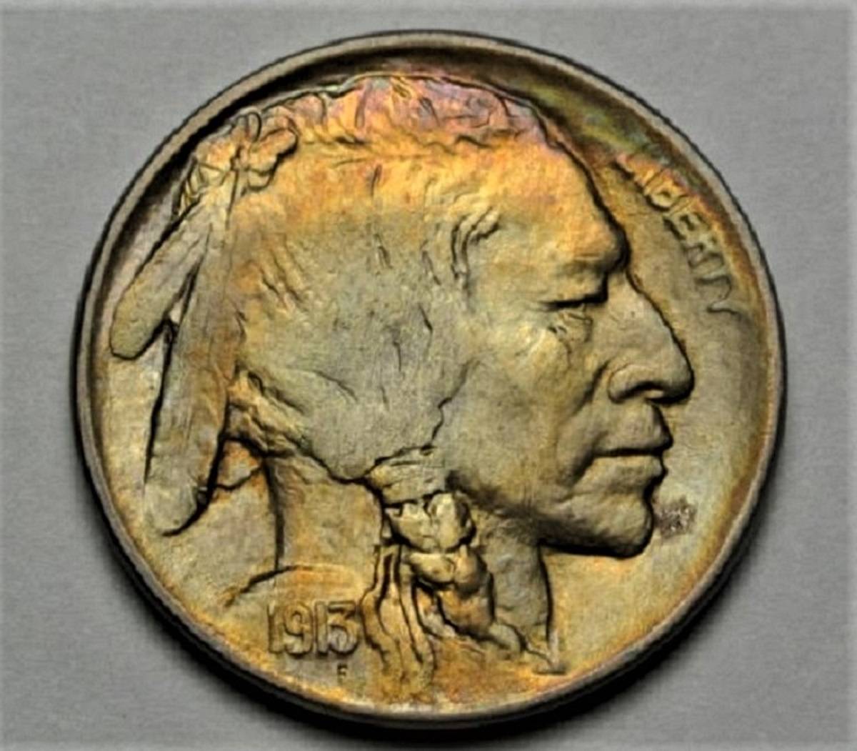 Part-2:1913-Type-2-Buffalo-Nickel-Toned-With-Chin-'Spot',-New-100x-Mag-Pics