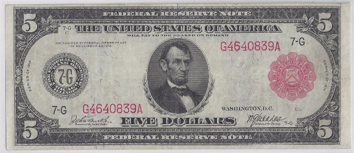 No.-838B---1914-Series---$5-Red-Seal-Fed-Note-VF30-35?