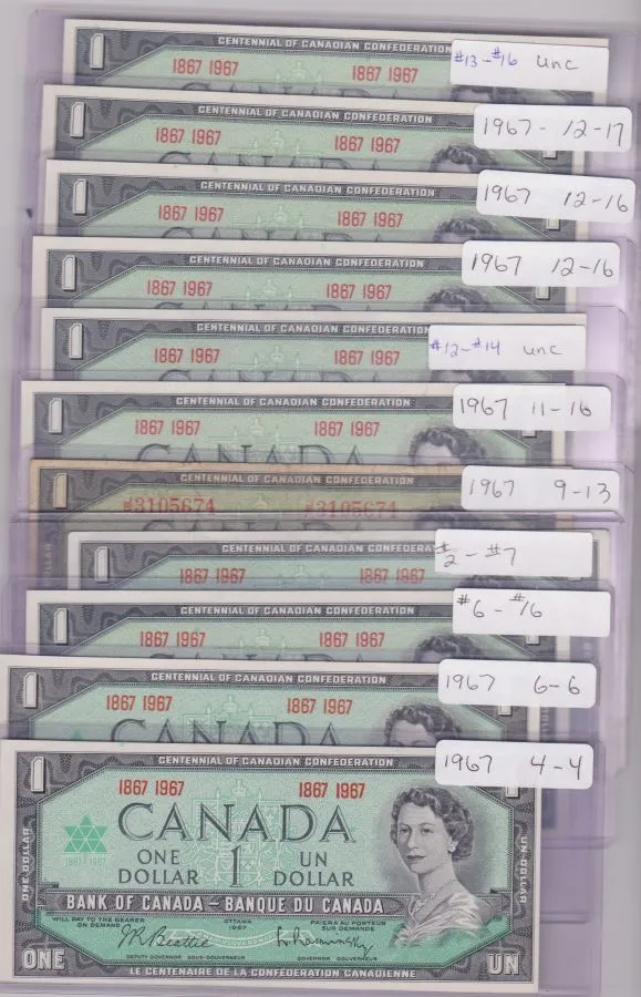 1867---1967-Canadian-1-Dollar-Bills---Plate-Number-Collection