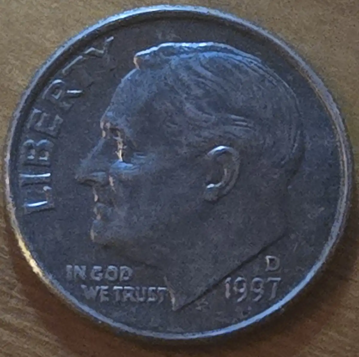 1997-D-Roosevelt-Dime.-Environmental-Toning-Or-Improper-Annealing