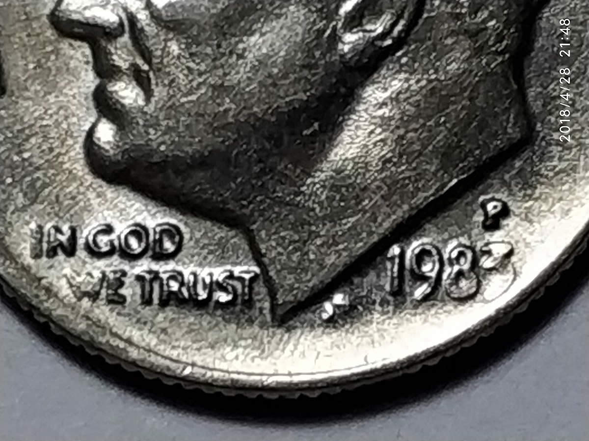 1983-P--Roosevelt-Prominent-Thick-Stout-Letter-&--Symbolic-Picture-Dime