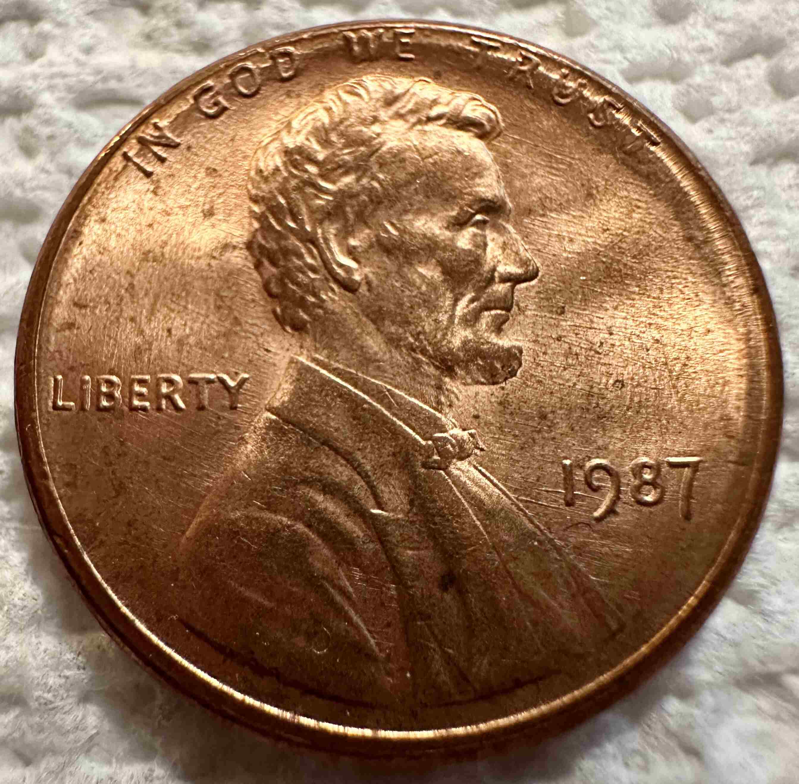 1987-P-Lincoln-Penny-~-Ridge-Ring/S?,-OBV-Die-Chip,-Die-Scratches,-&-REV-Die-Crack