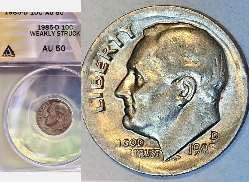 1985-D-Roosevelt-Dime-Mint-Error---Weak-Strike