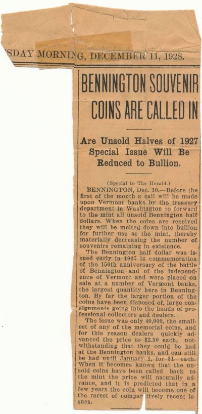 Commems-Collection-Classic:-1927-Bennington-Vermont-Independence---Unsold-Recall