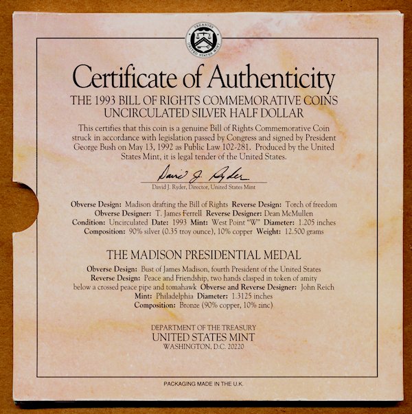 Commems-Collection-Modern:-1993-Bill-Of-Rights-Coin-And-Medal-Set