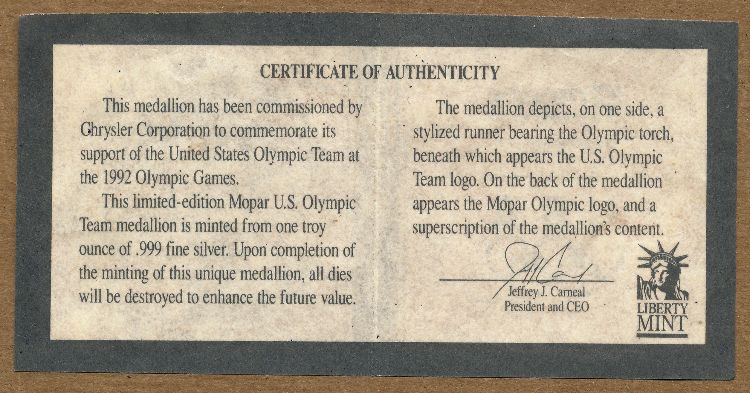 Commems-Collection-Bullion:-1992-Usoc-Barcelona-Olympics---Chrysler-Silver-Round
