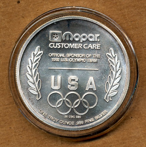 Commems-Collection-Bullion:-1992-Usoc-Barcelona-Olympics---Chrysler-Silver-Round