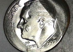 1997-D-Roosevelt-Dime-Squished-With-Blob-On-Cheek-&-Under-