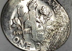 1997-D-Roosevelt-Dime-Squished-With-Blob-On-Cheek-&-Under-