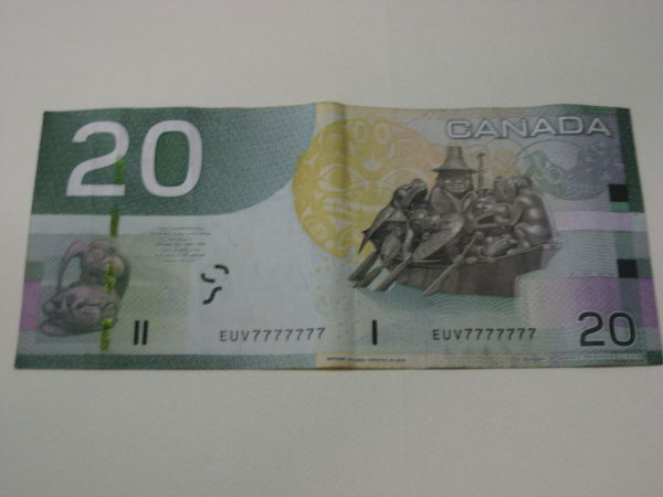 Rare-Solid-Canadian-$20-Bill..--Super-7's-!!