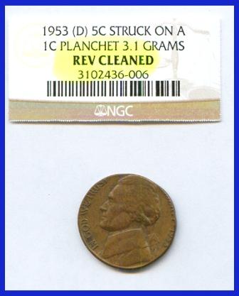 1953-D-Jefferson-Nickel-Struck-On-Lincoln-Cent-Planchet,-How-Rare-Is-This?