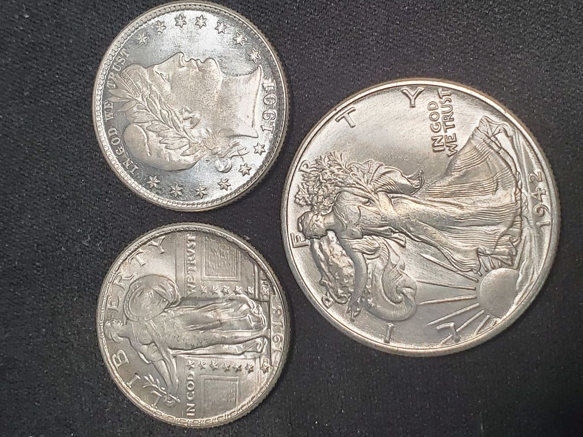 1942-S-Walking-Liberty,-1918-D-Standing-Liberty,-1901-Barber