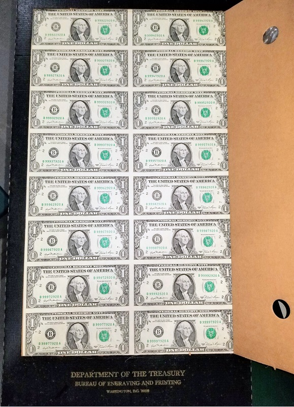 Sheet-Of-Uncut-One-Dollar-Notes,-All-With-The-Same-Serial-Number