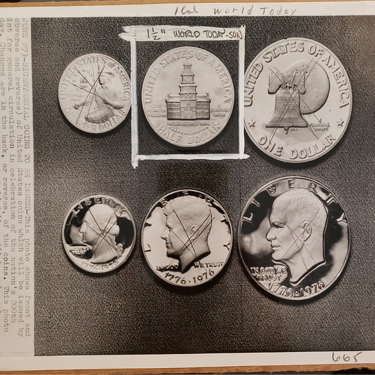 1968-Press-Photo-Clipped-Planchet-And-1975-Press-Photo-Bicentennial-Coins-To-Be-Released
