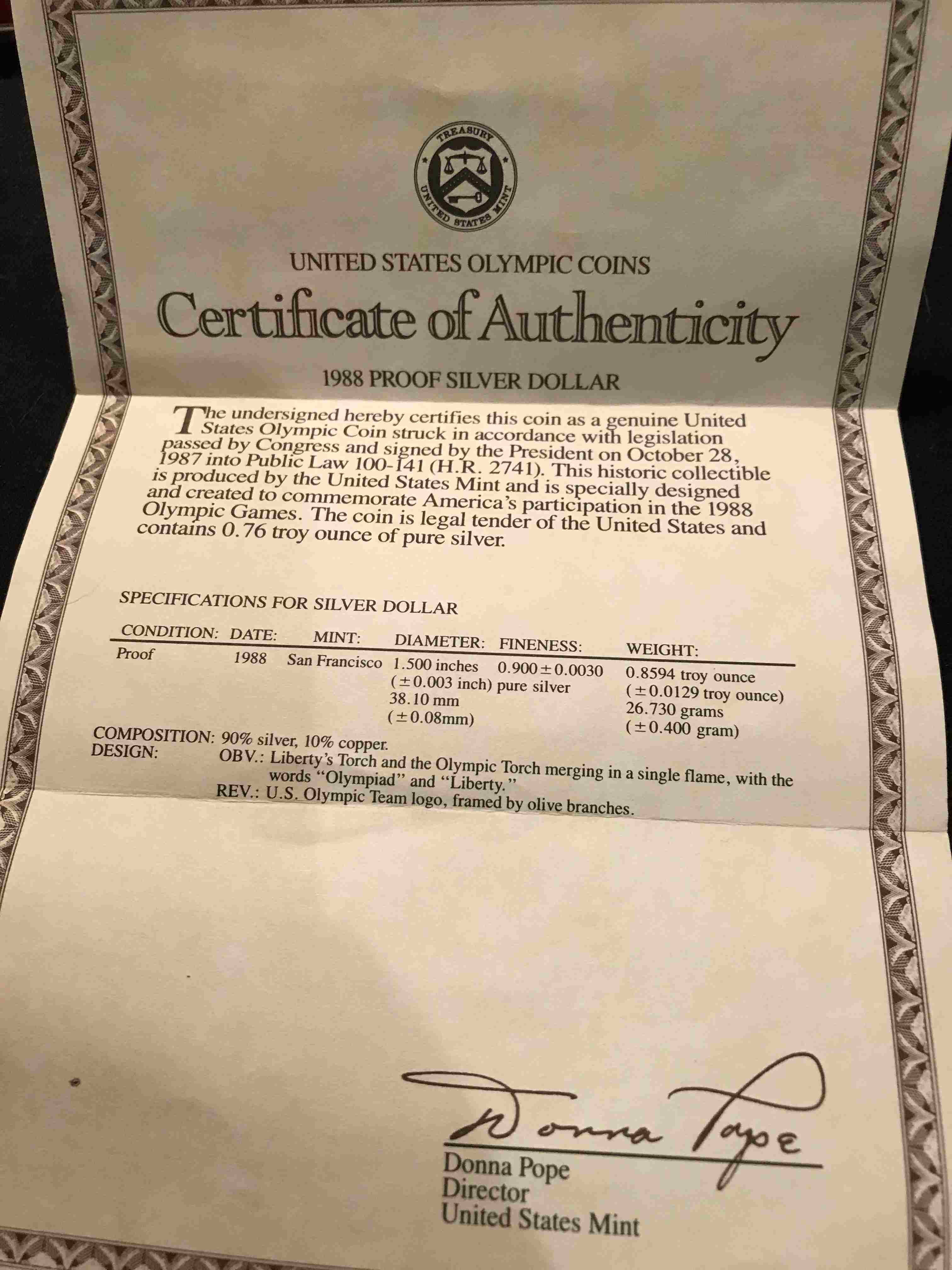 United-States-Mint-1988-Olympic-Coin---Proof-Doc.-In-A-Box-Inside-Boxes!!