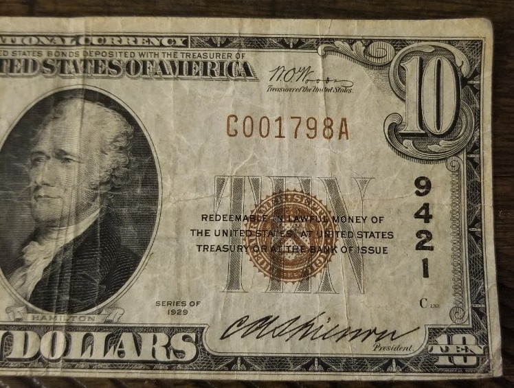 1929-Ten-Dollar-Bill.--Bank-Of-Commerce-Of-Adrian