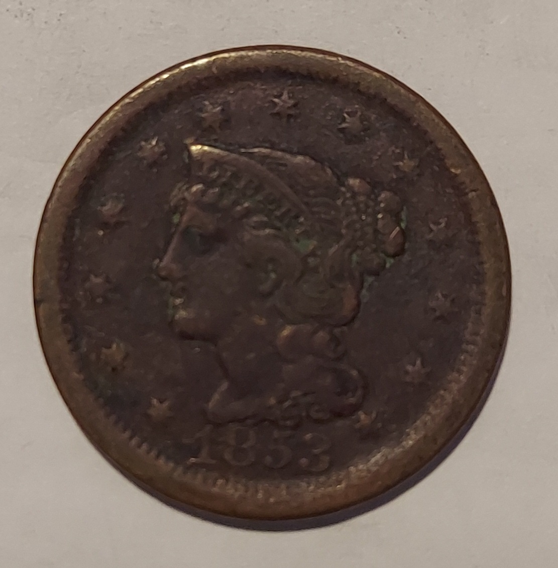 1853-Braided-Hair-Large-Cent,-Die-Chip-On-Reverse?