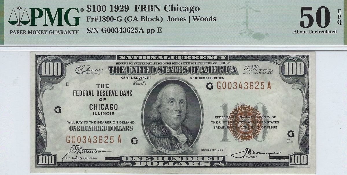 1929-Chicago-Frbn-$100-PMG-AU-50