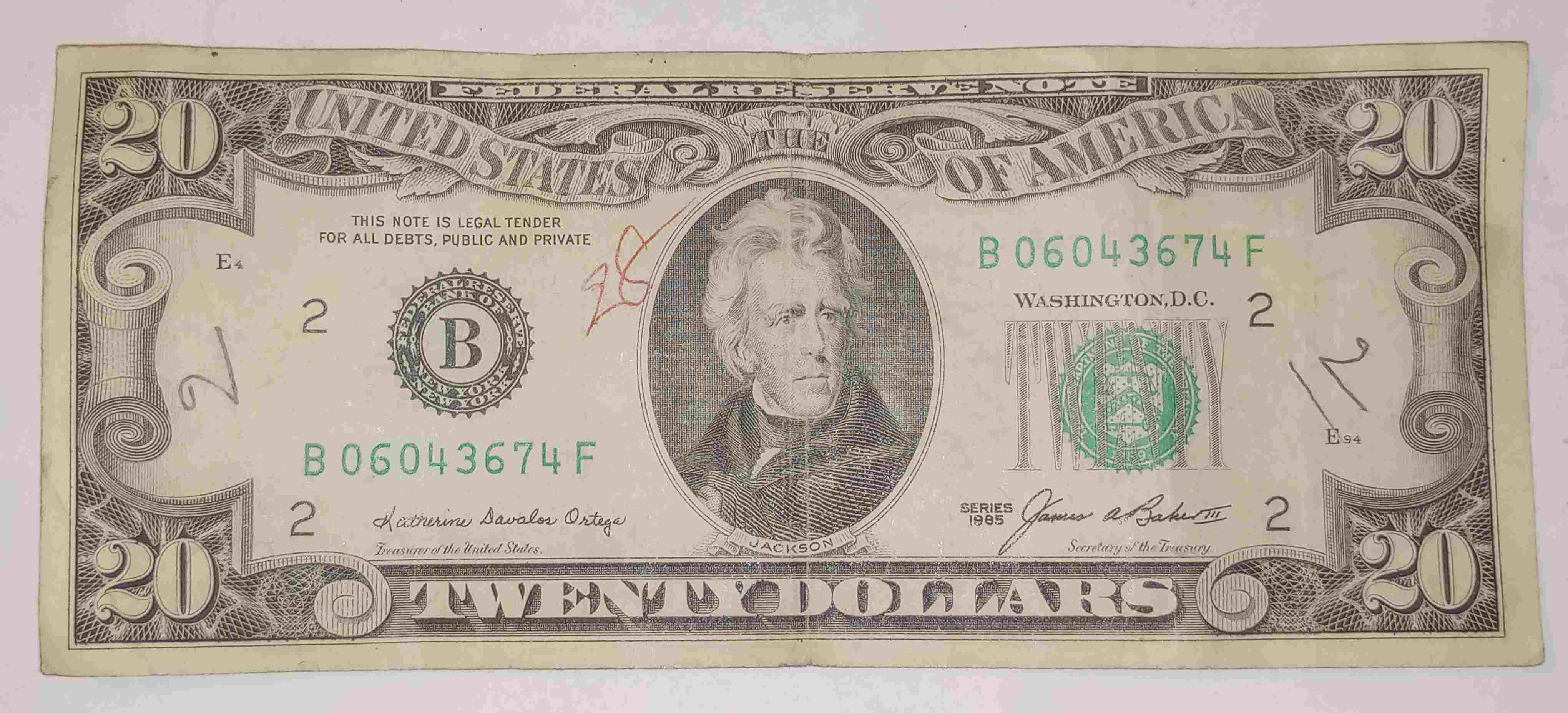 1985-$20-Bill-With-Creases,-Circulation-Wear.
