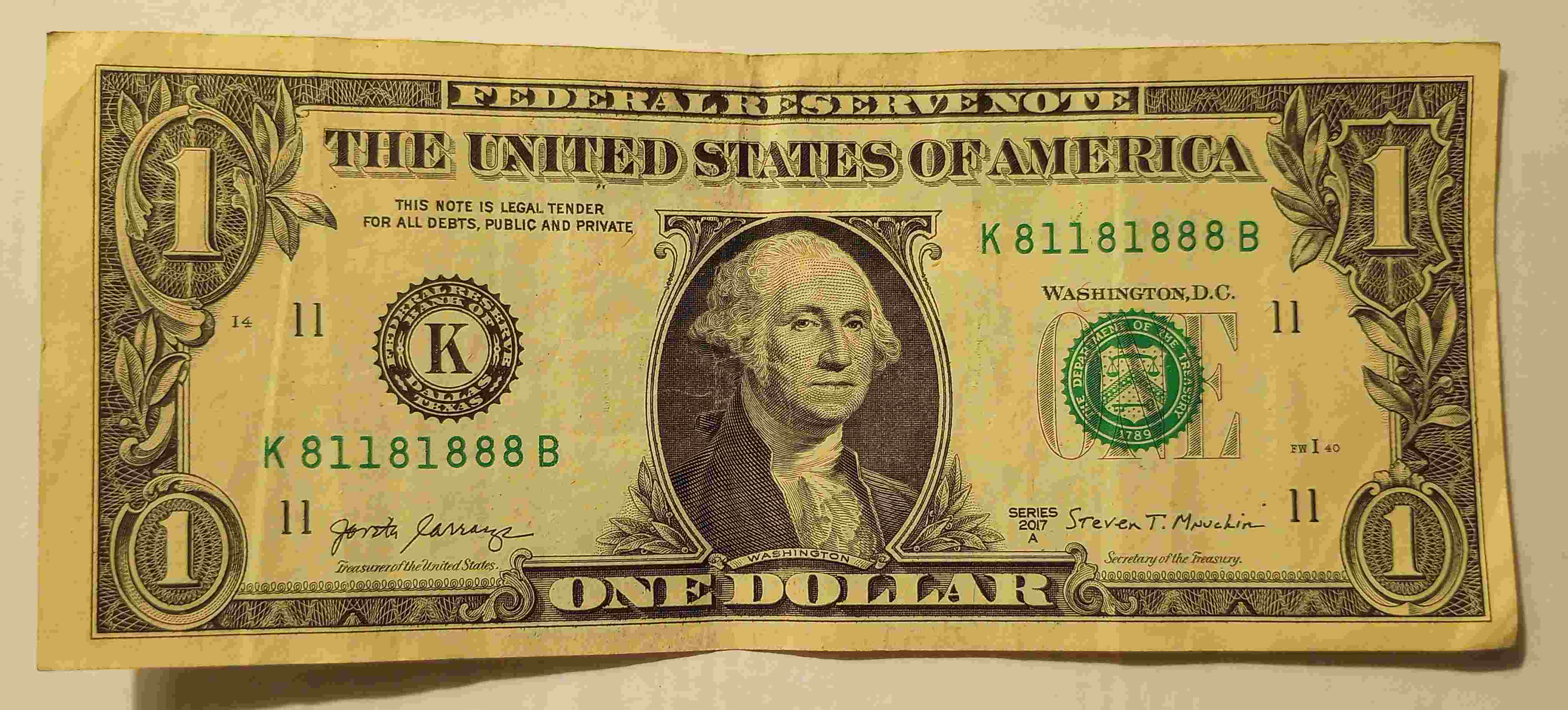 2017-A-$1-Bill-With-Binary-81181888-Serial-Number-Excellent-Condition