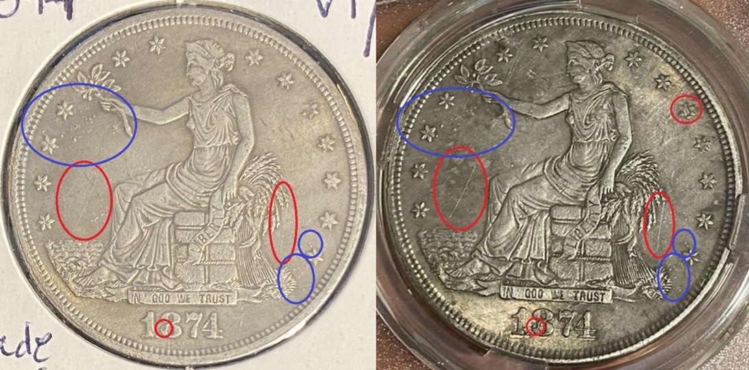 Matching-Obverses;-Bay-1874-S-To-Known-Counterfeit-1874-CC-Trade-Dollars.