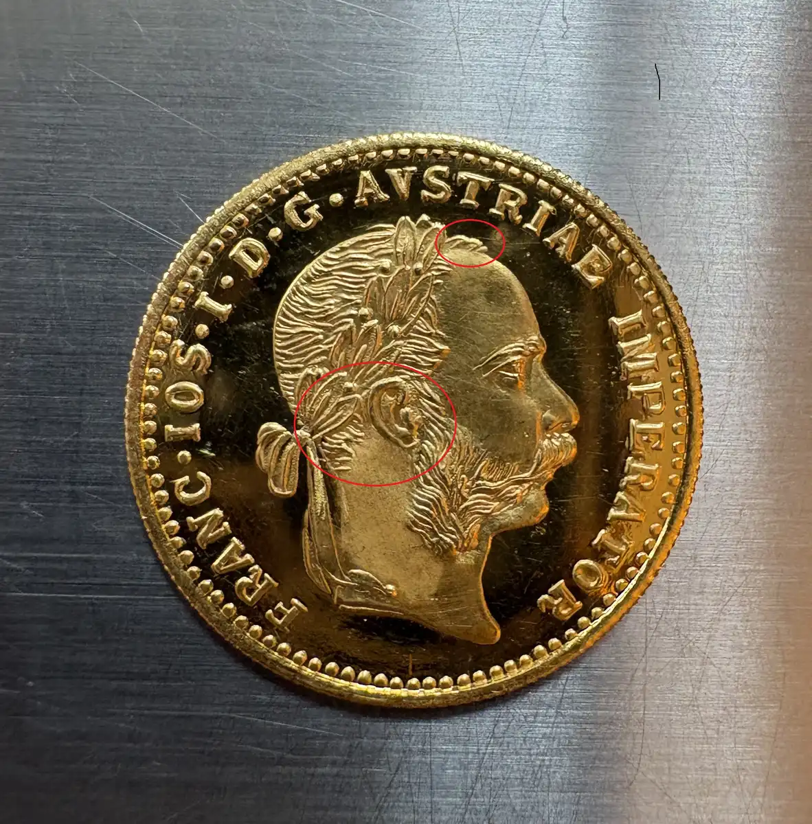 Counterfeit-Detection:-1915-Austria-Ducat---Restrike---.999-Gold-/-24k---Jeweler's-Copy