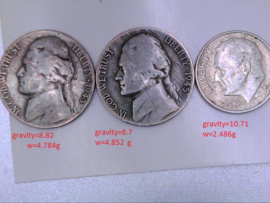 1943-P,-1945-P-Nickels-Gravity-Test-Shows-Copper?-Dime-G-Silver-Which-Is-Ok.