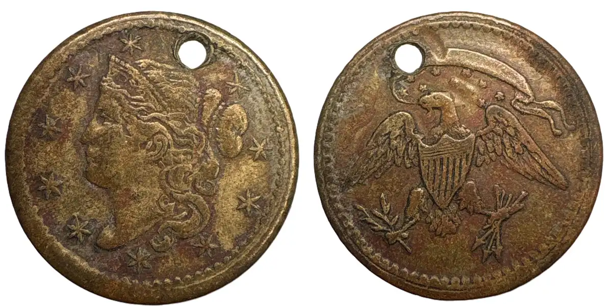 Liberty-Head-10/11-Stars-Obverse-With-A-Sick-Looking-Eagle-On-The-Reverse-Holed-0.59g-13.06mm
