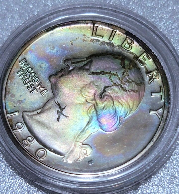 Rainbow-Toned-1980-S-Proof-Quarter.-Washington-Looks-Sick.