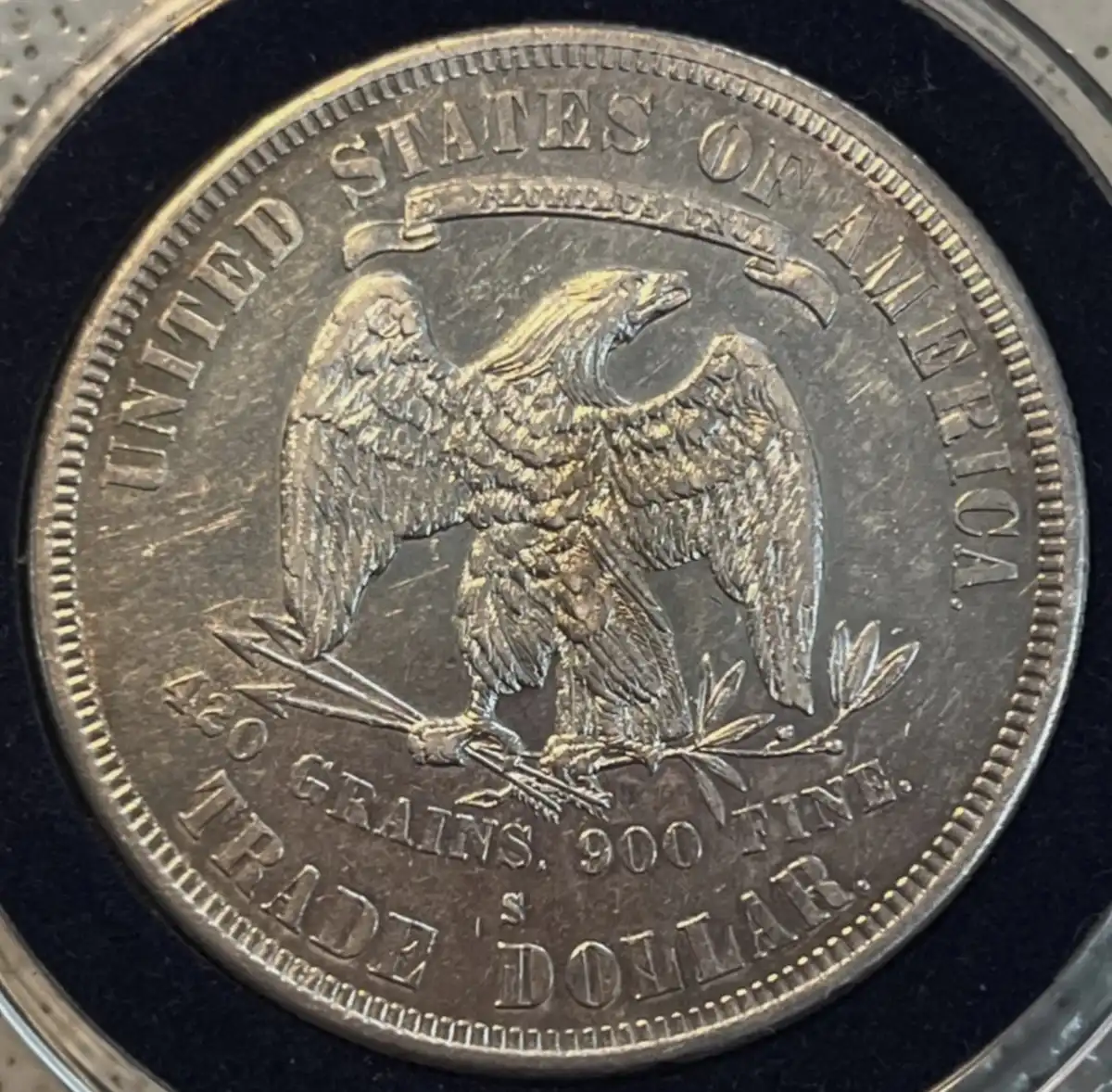 1877-S-Trade-Dollar-Opinion,-Unusual-Line-Through-Denticles