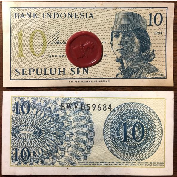 Bank-Of-Indonesia,-1964,-10,-Sepuluh-Sen-W/-Wax-Stamp