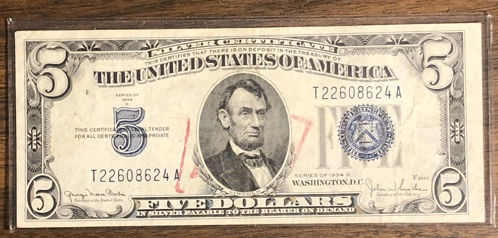 Grade-Needed-For-1934-D-$5-Blue-Seal-Note-W/Stamp-Mark