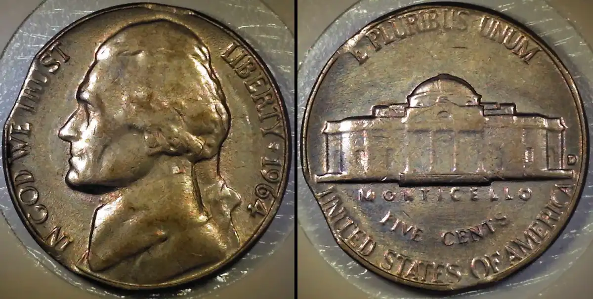 1964-D-Jefferson-Nickel-W/Triple-Clipped-Planchet
