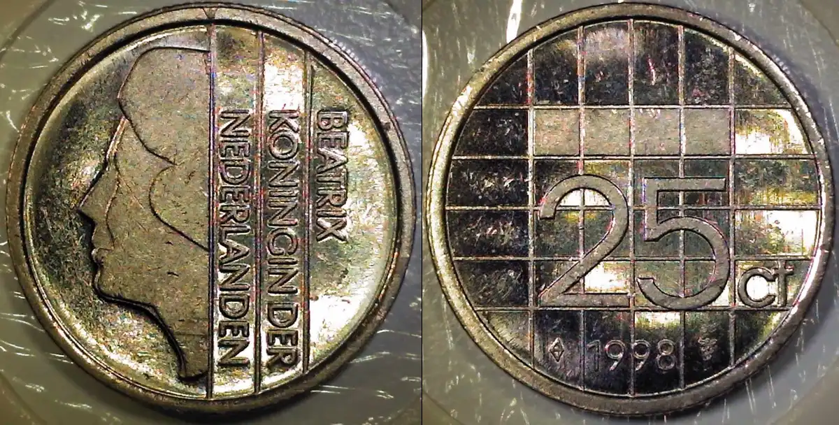 1998-Netherlands---25-Cents-W/Pre-Cud-Die-Crack-At-Rim