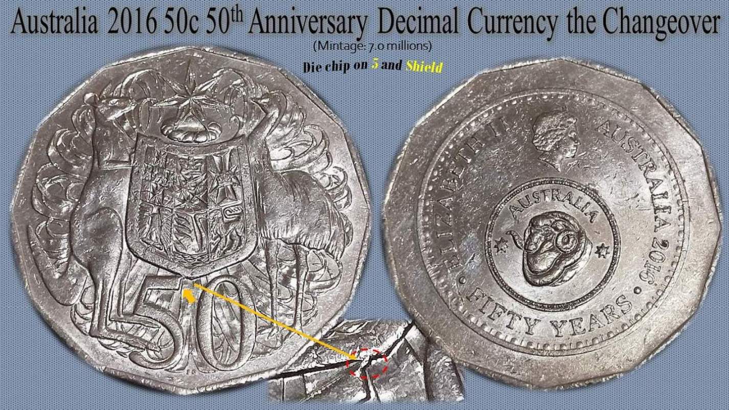 Australia-2016-50c-50th-Anniversary-Decimal-Currency-The-Changeover---Die-Chip-On-5-And-Shield