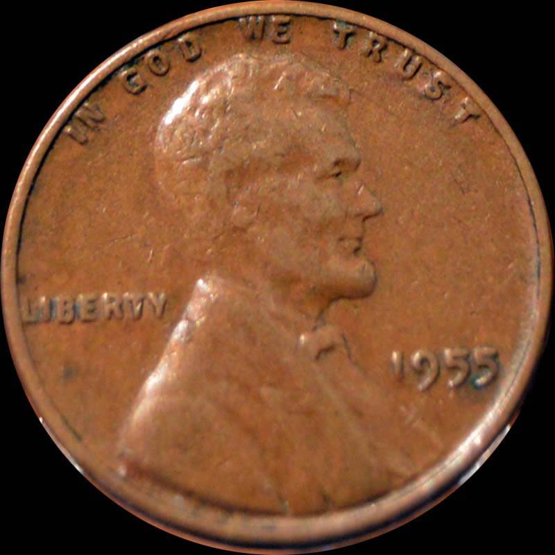 1955-Lincoln-Wheat-Cent-With-Cud/Die-Chip-On-Reverse