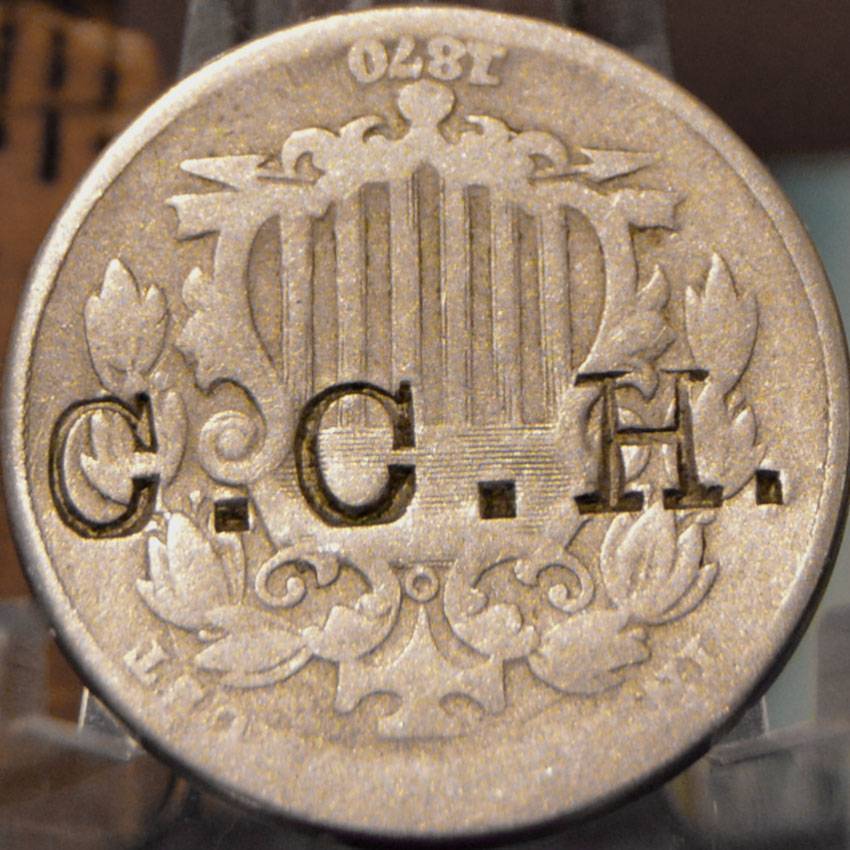Counterstamped-Combo:-1870-Shield-Nickel-&-1871-Indian-Head-Cent-Same-Stamp
